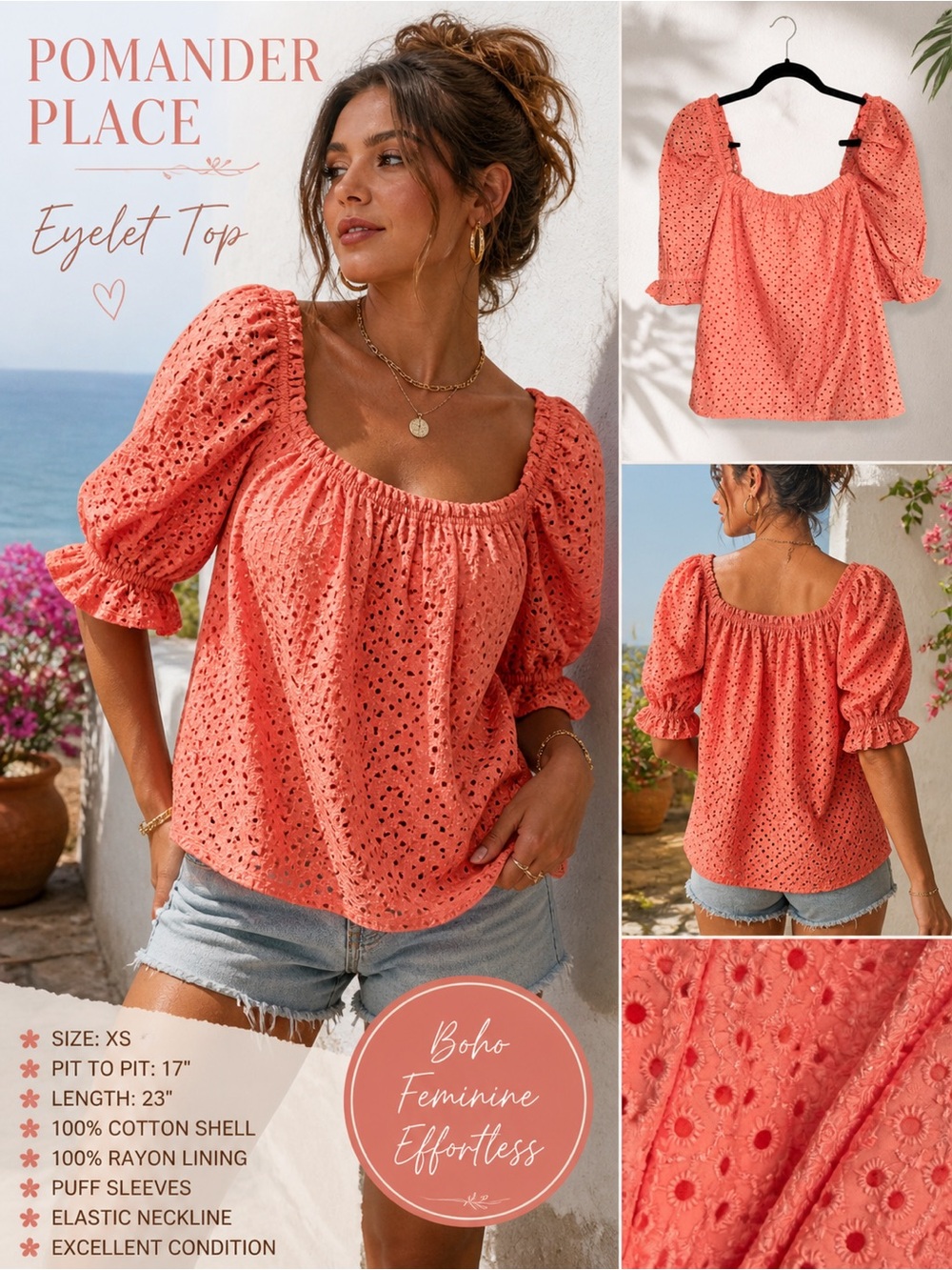 Pomander Place Eyelet Puff Sleeve Top XS Coral Cotton Peasant Boho Cottagecore